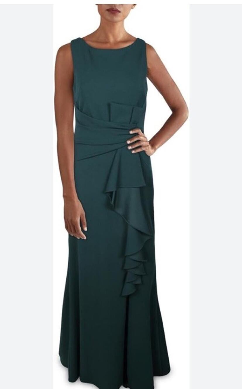 Betsy & Adam Ruffle Bow Trumpet Gown Green Sleeveless Maxi Slit Stretch Sz 6